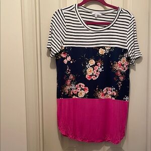 White Birch Striped and Floral Short Sleeve Top